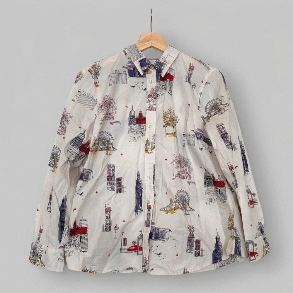 London Landmark Print Cotton Button Down Shirt White Long Sleeve Novelty Top